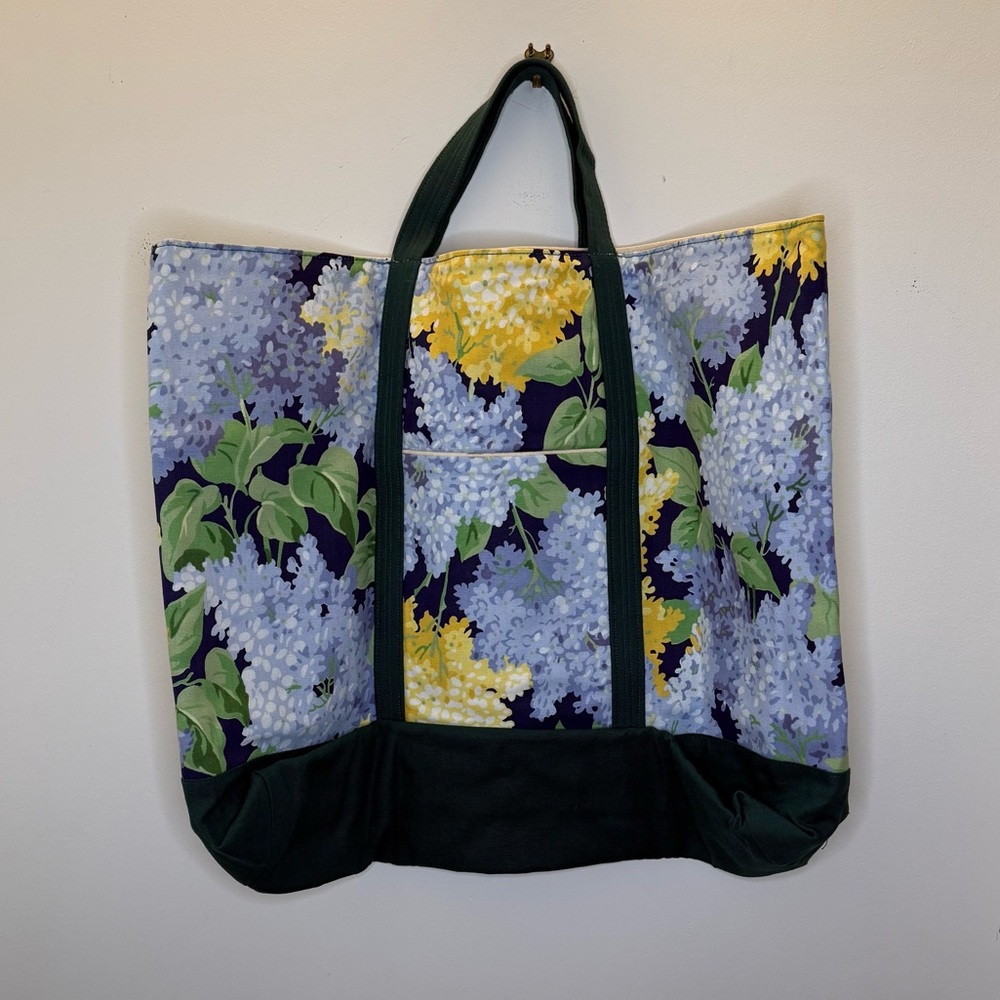 Large Canvas Floral Tote Bag with Green Accents